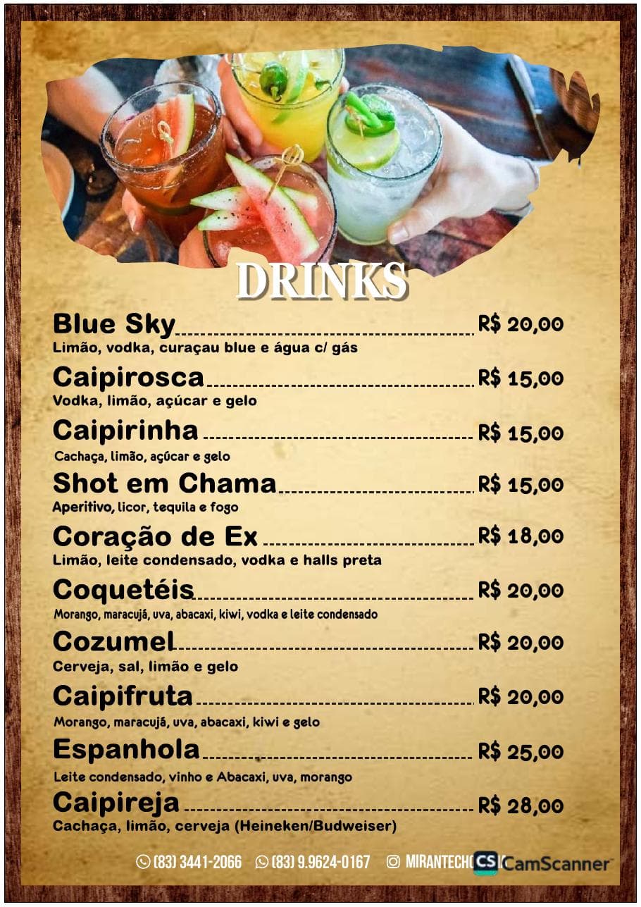 Página de drinks do cardápio do Mirante